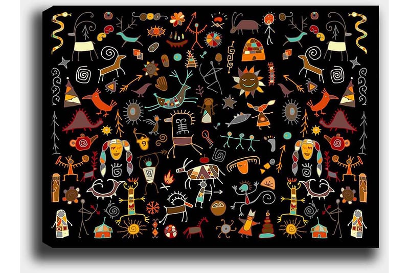 Canvas taulu 70x100 cm - Värikäs ja leikkisä kokoelma symboleja ja hahmoja, jotka edustavat luontoa ja kulttuuria - Punainen / Keltainen / Musta - Sisustustuotteet - Taulu & taide - Canvas-taulu