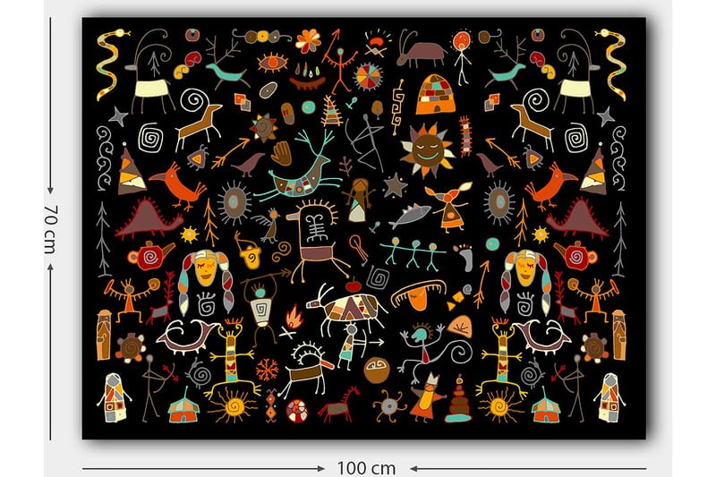 Canvas taulu 70x100 cm - Värikäs ja leikkisä kokoelma symboleja ja hahmoja, jotka edustavat luontoa ja kulttuuria - Punainen / Keltainen / Musta - Sisustustuotteet - Taulu & taide - Canvas-taulu
