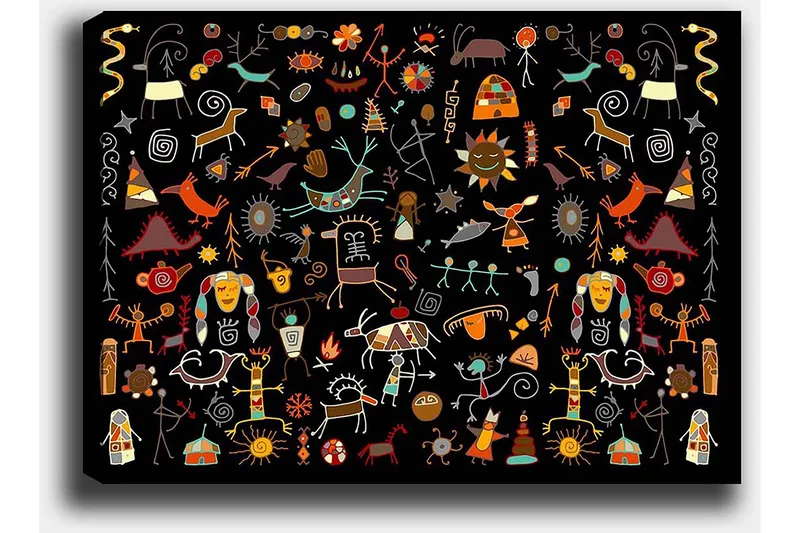 Canvas taulu 70x100 cm - Värikäs ja leikkisä kokoelma symboleja ja hahmoja, jotka edustavat luontoa ja kulttuuria - Punainen / Keltainen / Musta - Sisustustuotteet - Taulu & taide - Canvas-taulu
