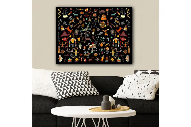 Canvas taulu 70x100 cm - Värikäs ja leikkisä kokoelma symboleja ja hahmoja, jotka edustavat luontoa ja kulttuuria, Punainen / Keltainen / Musta