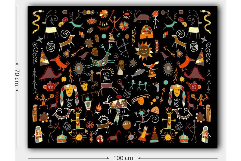 Canvas taulu 70x100 cm - Värikäs ja leikkisä kokoelma symboleja ja hahmoja, jotka edustavat luontoa ja kulttuuria - Punainen / Keltainen / Musta - Sisustustuotteet - Taulu & taide - Canvas-taulu