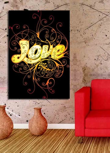 Canvas taulu 70x100 cm - Värikäs ja leikkisä kuva sanasta Love koristeellisilla spiraaleilla - Keltainen / Oranssi / Punainen - Sisustustuotteet - Taulu & taide - Canvas-taulu