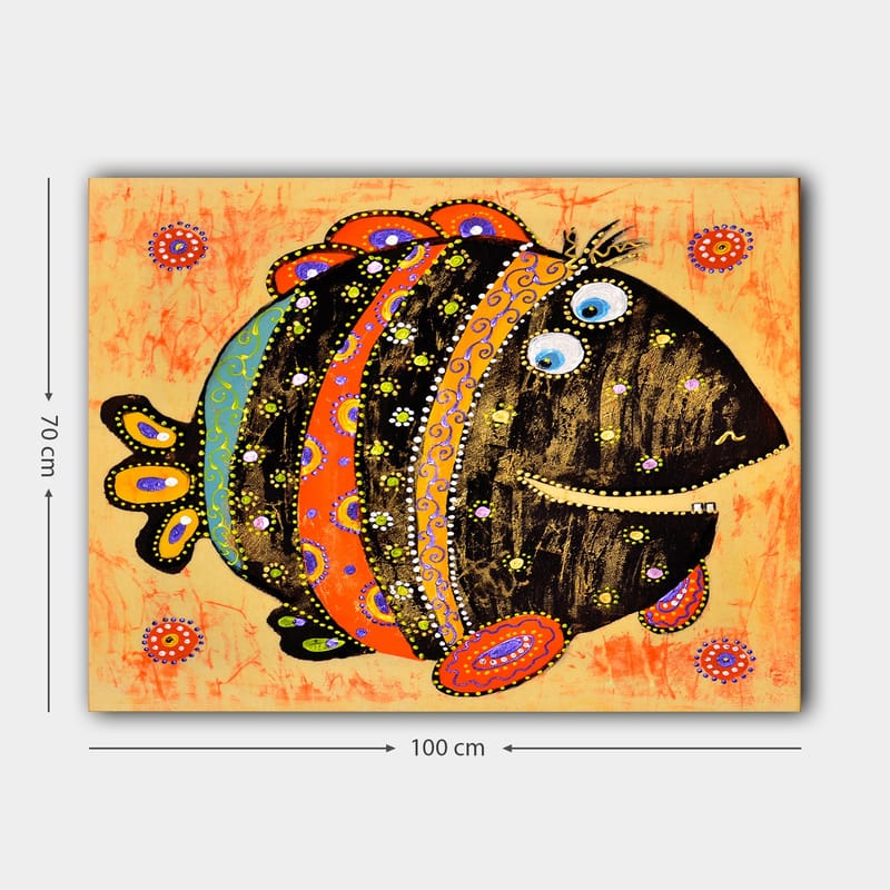 Canvas taulu 70x100 cm - Värikäs ja leikkisä kuviollinen ja suurisilmäinen kala - Musta / Oranssi / Sininen - Sisustustuotteet - Taulu & taide - Canvas-taulu