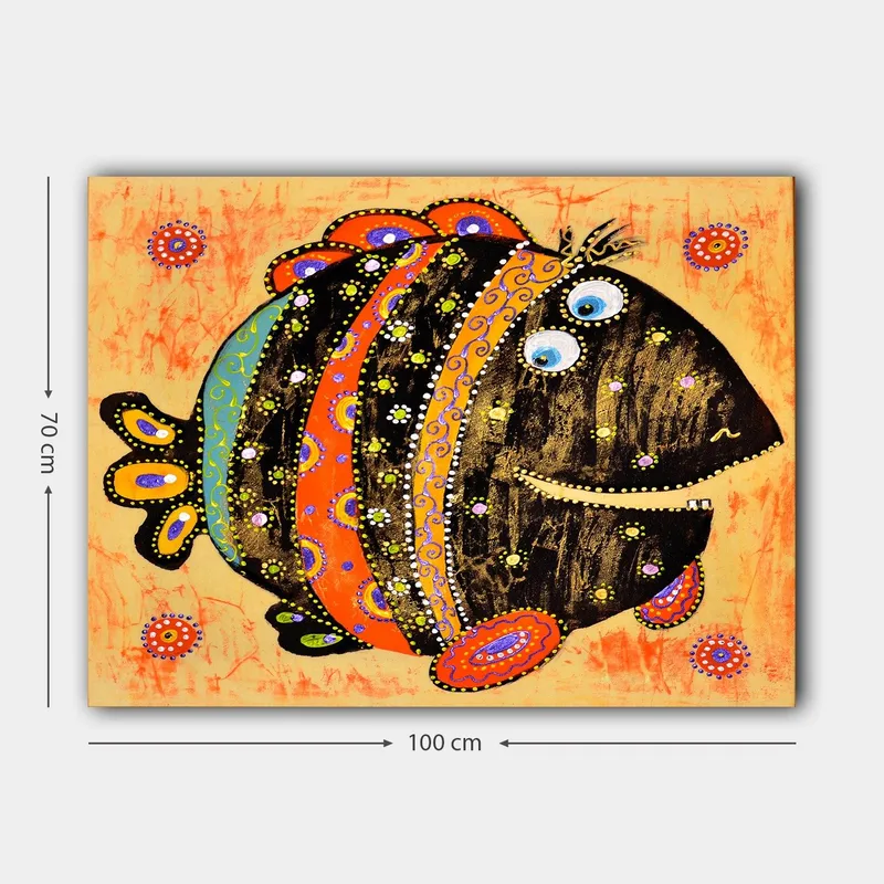 Canvas taulu 70x100 cm - Värikäs ja leikkisä kuviollinen ja suurisilmäinen kala - Musta / Oranssi / Sininen - Sisustustuotteet - Taulu & taide - Canvas-taulu