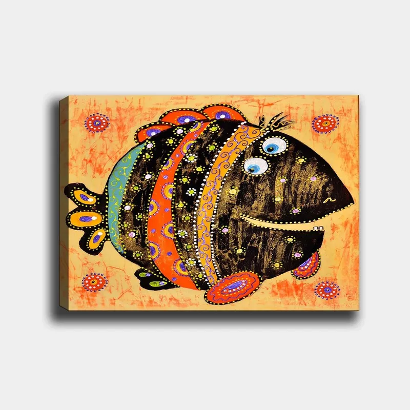 Canvas taulu 70x100 cm - Värikäs ja leikkisä kuviollinen ja suurisilmäinen kala, Musta / Oranssi / Sininen
