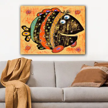 Canvas taulu 70x100 cm - Värikäs ja leikkisä kuviollinen ja suurisilmäinen kala - Musta / Oranssi / Sininen - Sisustustuotteet - Taulu & taide - Canvas-taulu