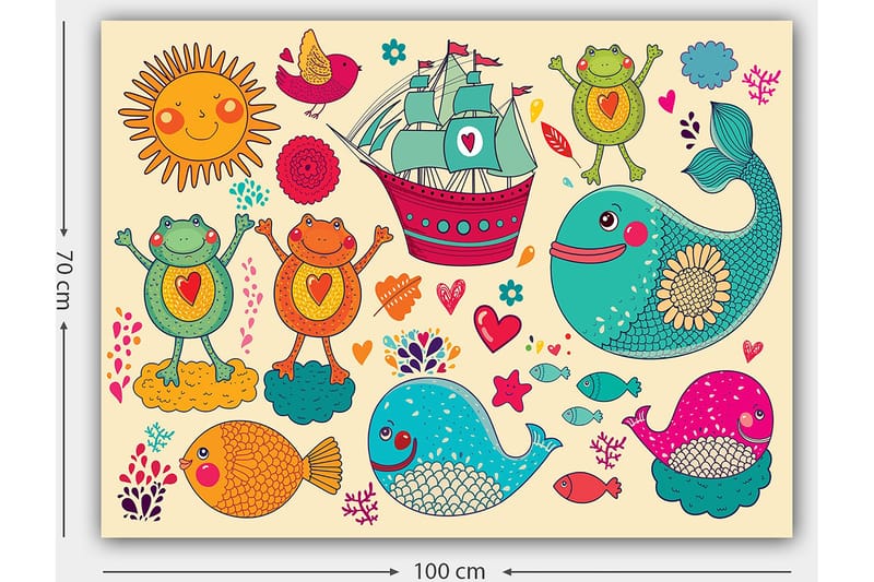 Canvas taulu 70x100 cm - Värikäs ja leikkisä kuvitus iloisista sammakoista, kaloista ja laivasta mielikuvituksellisessa merellisessä ympäristössä - Turkoosi / Oranssi / Vaaleanpunainen - Sisustustuotteet - Taulu & taide - Canvas-taulu