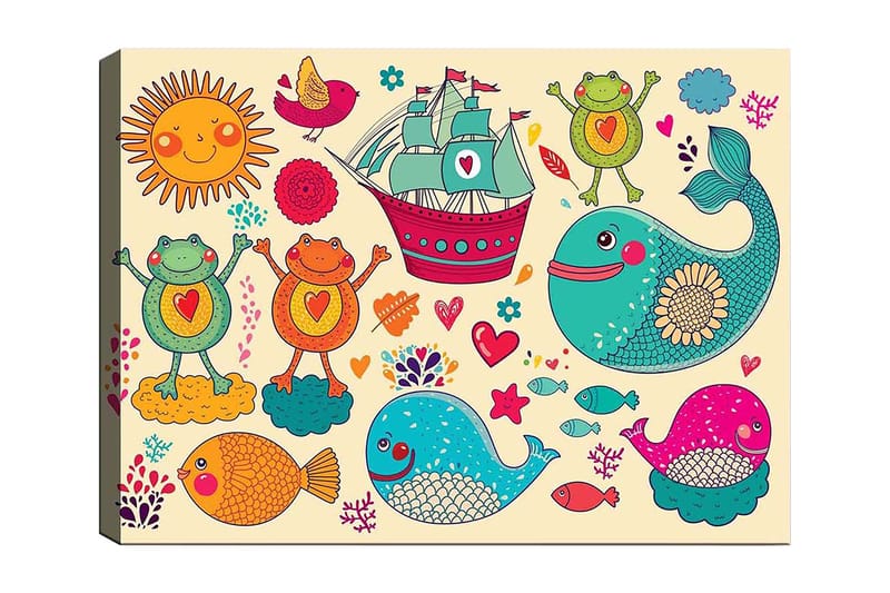 Canvas taulu 70x100 cm - Värikäs ja leikkisä kuvitus iloisista sammakoista, kaloista ja laivasta mielikuvituksellisessa merellisessä ympäristössä, Turkoosi / Oranssi / Vaaleanpunainen