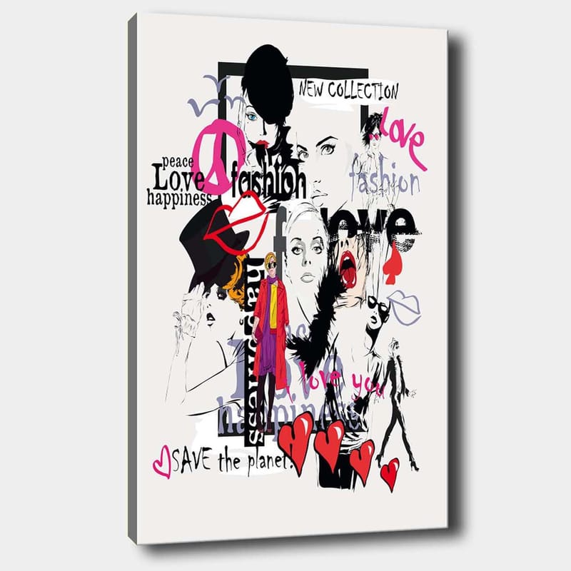 Canvas taulu 70x100 cm - Värikäs ja moderni kollaasi muoti-ikoneista ja rakkauden ja rauhan ilmaisuista, Vaaleanpunainen / Musta / Punainen