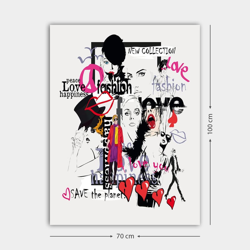 Canvas taulu 70x100 cm - Värikäs ja moderni kollaasi muoti-ikoneista ja rakkauden ja rauhan ilmaisuista - Vaaleanpunainen / Musta / Punainen - Sisustustuotteet - Taulu & taide - Canvas-taulu