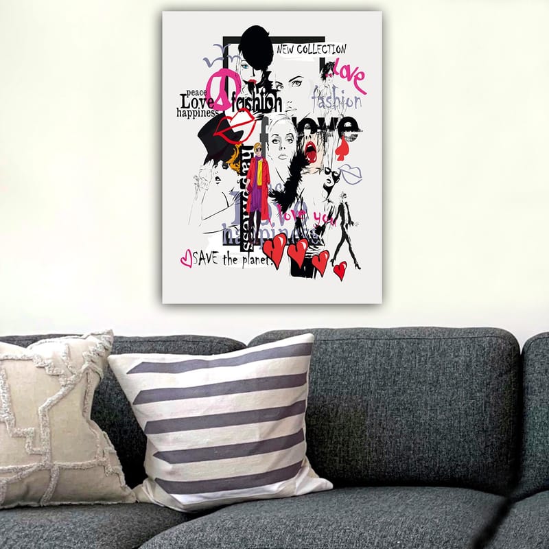 Canvas taulu 70x100 cm - Värikäs ja moderni kollaasi muoti-ikoneista ja rakkauden ja rauhan ilmaisuista - Vaaleanpunainen / Musta / Punainen - Sisustustuotteet - Taulu & taide - Canvas-taulu