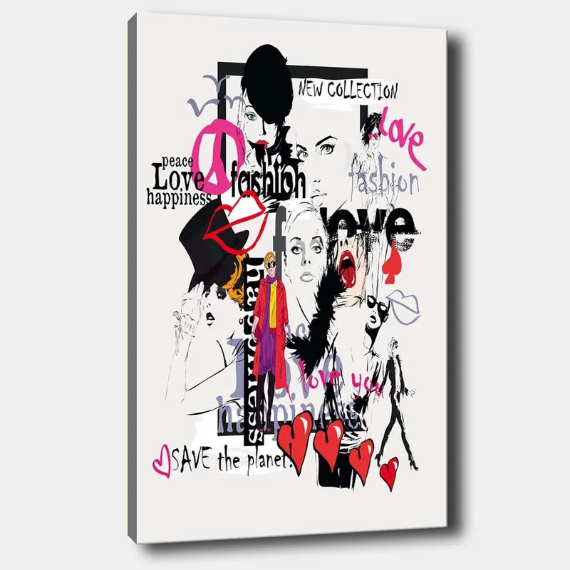 Canvas taulu 70x100 cm - Värikäs ja moderni kollaasi muoti-ikoneista ja rakkauden ja rauhan ilmaisuista, Vaaleanpunainen / Musta / Punainen