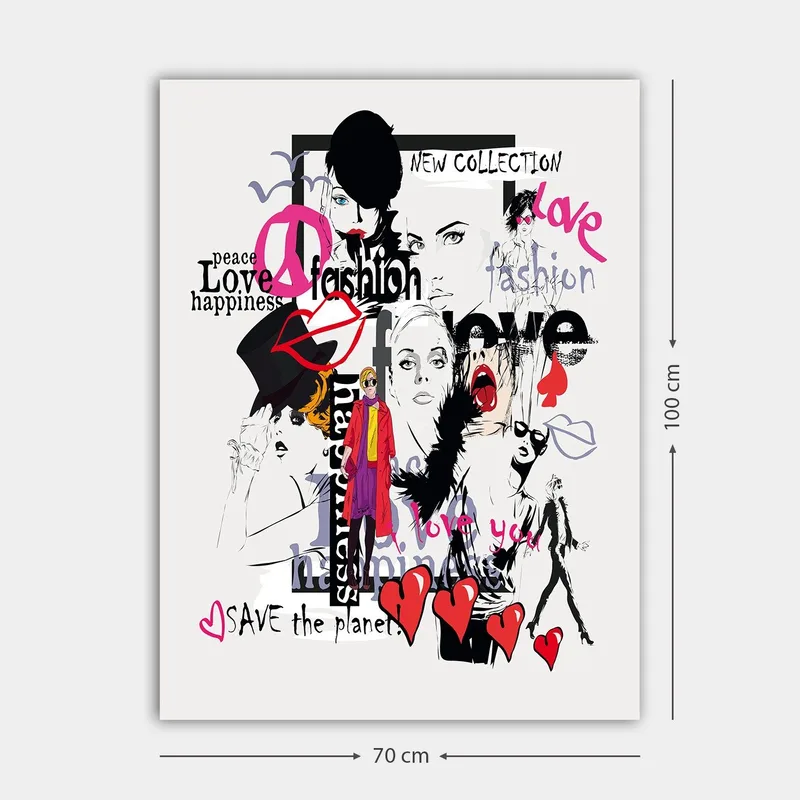 Canvas taulu 70x100 cm - Värikäs ja moderni kollaasi muoti-ikoneista ja rakkauden ja rauhan ilmaisuista - Vaaleanpunainen / Musta / Punainen - Sisustustuotteet - Taulu & taide - Canvas-taulu