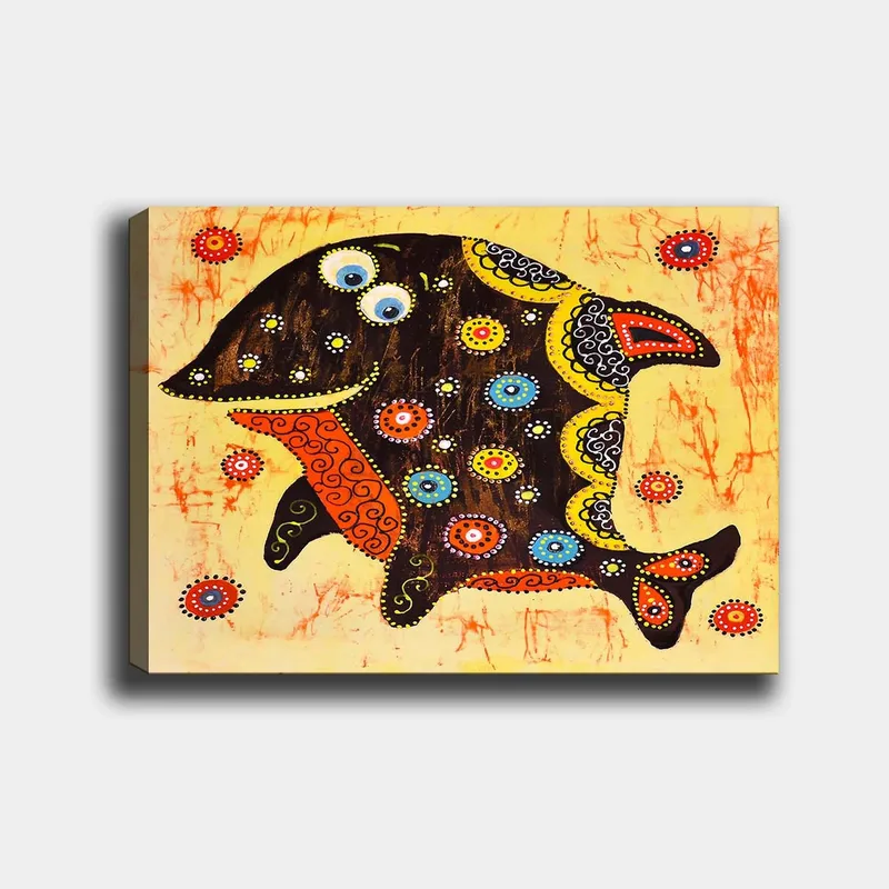 Canvas taulu 70x100 cm - Värikäs ja tyylitelty kala kuvioilla ja yksityiskohdilla eri väreissä, Musta / Oranssi / Keltainen
