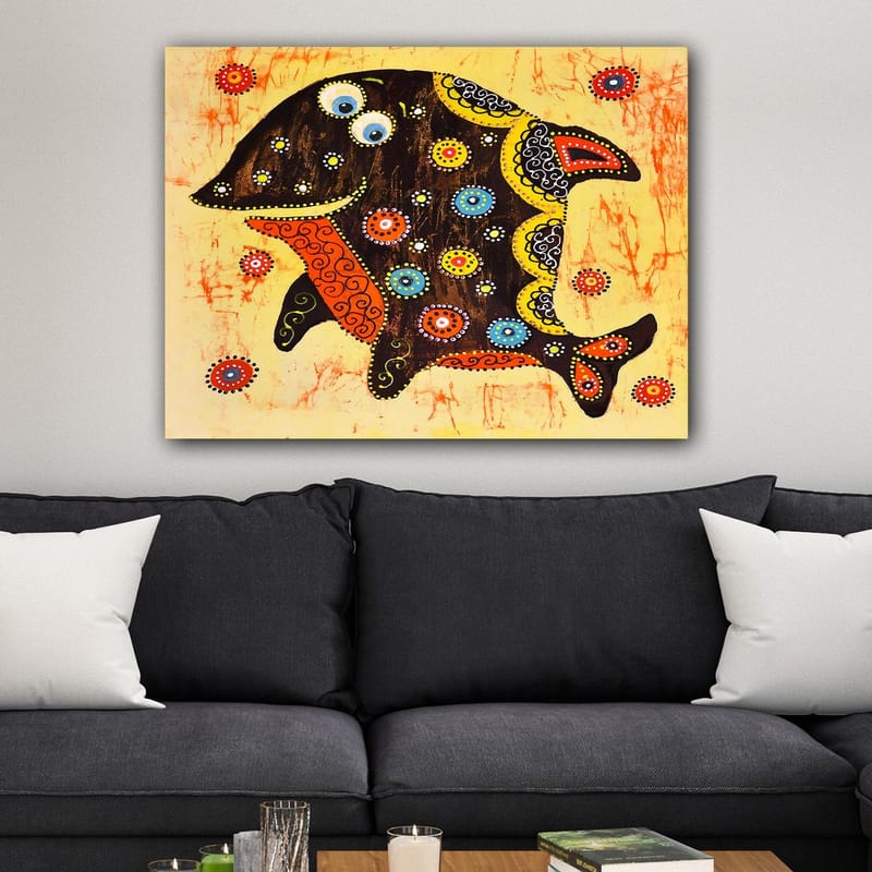 Canvas taulu 70x100 cm - Värikäs ja tyylitelty kala kuvioilla ja yksityiskohdilla eri väreissä - Musta / Oranssi / Keltainen - Sisustustuotteet - Taulu & taide - Canvas-taulu
