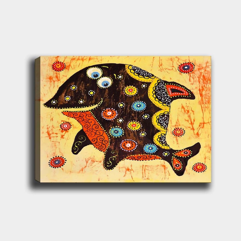 Canvas taulu 70x100 cm - Värikäs ja tyylitelty kala kuvioilla ja yksityiskohdilla eri väreissä, Musta / Oranssi / Keltainen