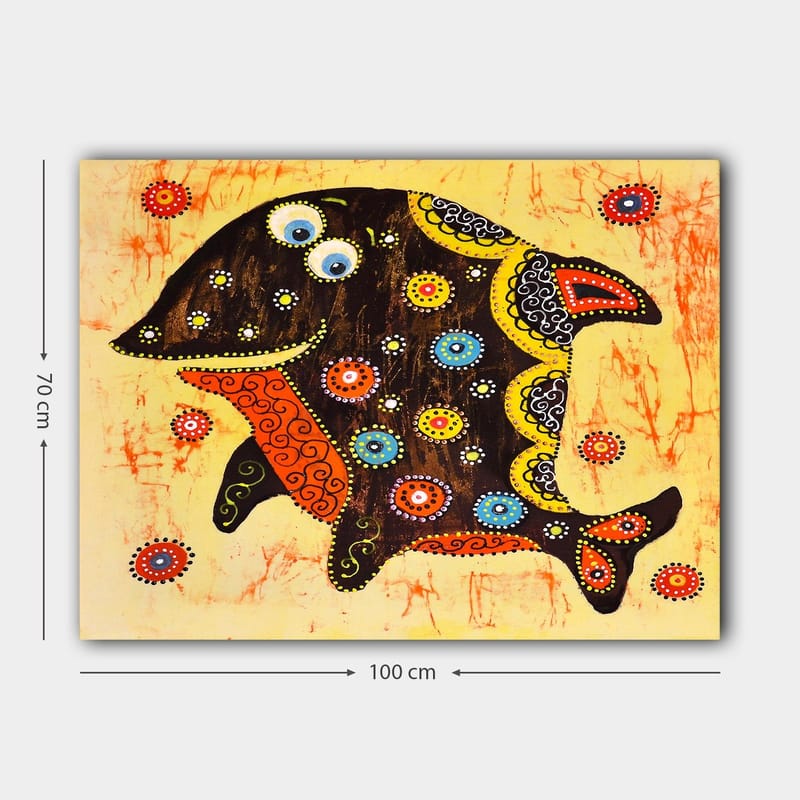 Canvas taulu 70x100 cm - Värikäs ja tyylitelty kala kuvioilla ja yksityiskohdilla eri väreissä - Musta / Oranssi / Keltainen - Sisustustuotteet - Taulu & taide - Canvas-taulu