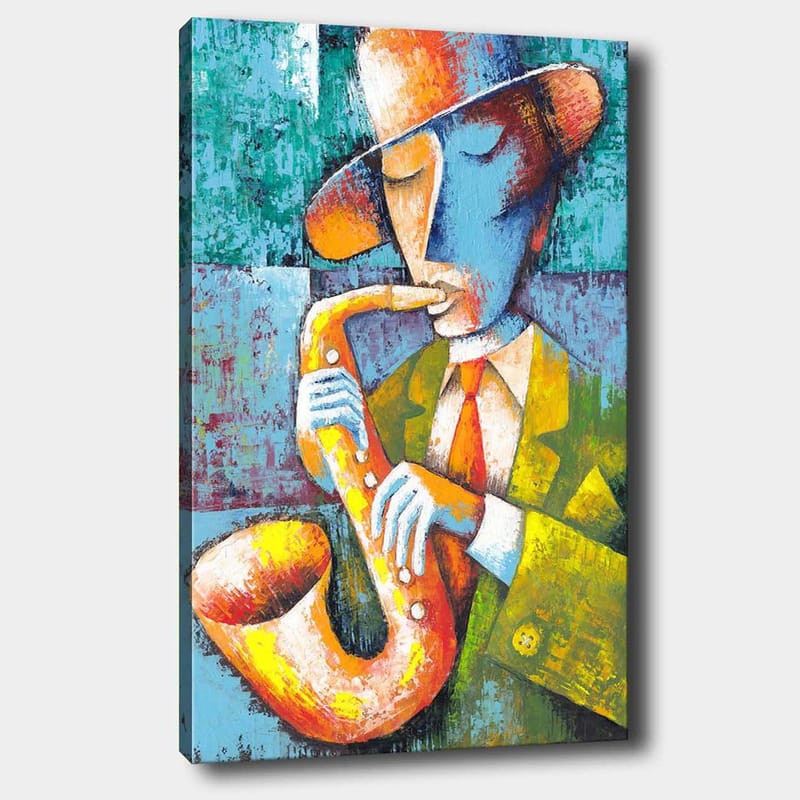 Canvas taulu 70x100 cm - Värikäs ja tyylitelty saksofonia soittava muusikko - Keltainen / Sininen / Oranssi - Sisustustuotteet - Taulu & taide - Canvas-taulu