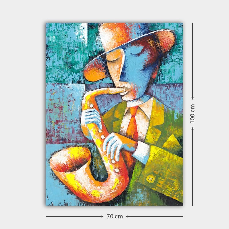 Canvas taulu 70x100 cm - Värikäs ja tyylitelty saksofonia soittava muusikko - Keltainen / Sininen / Oranssi - Sisustustuotteet - Taulu & taide - Canvas-taulu