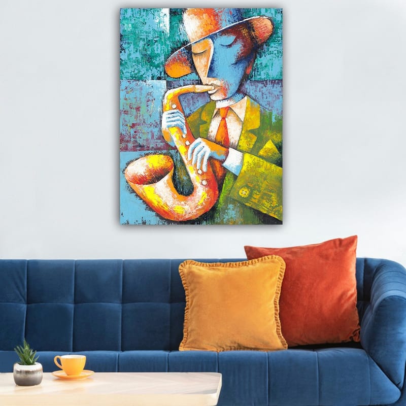 Canvas taulu 70x100 cm - Värikäs ja tyylitelty saksofonia soittava muusikko - Keltainen / Sininen / Oranssi - Sisustustuotteet - Taulu & taide - Canvas-taulu