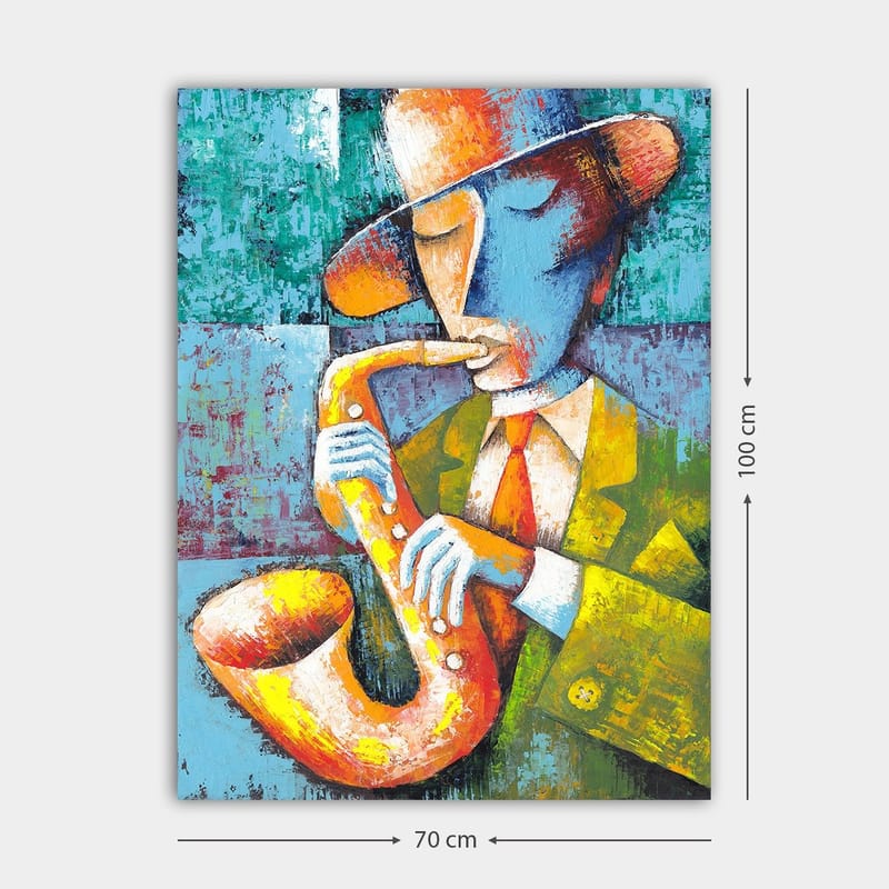 Canvas taulu 70x100 cm - Värikäs ja tyylitelty saksofonia soittava muusikko - Keltainen / Sininen / Oranssi - Sisustustuotteet - Taulu & taide - Canvas-taulu