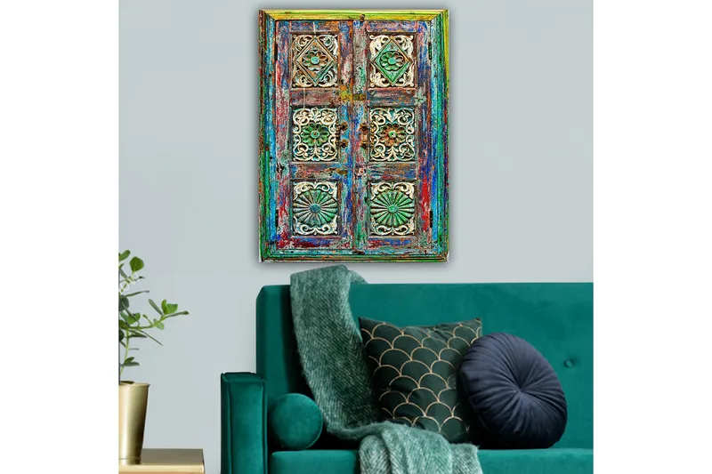 Canvas taulu 70x100 cm - Värikäs ja yksityiskohtainen ovi monimutkaisilla kaiverruksilla ja kuvioilla - Vihreä / Sininen / Punainen - Sisustustuotteet - Taulu & taide - Canvas-taulu