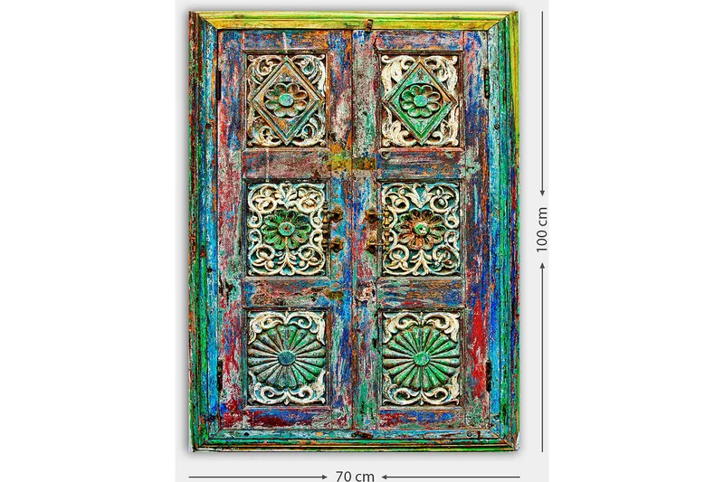 Canvas taulu 70x100 cm - Värikäs ja yksityiskohtainen ovi monimutkaisilla kaiverruksilla ja kuvioilla - Vihreä / Sininen / Punainen - Sisustustuotteet - Taulu & taide - Canvas-taulu
