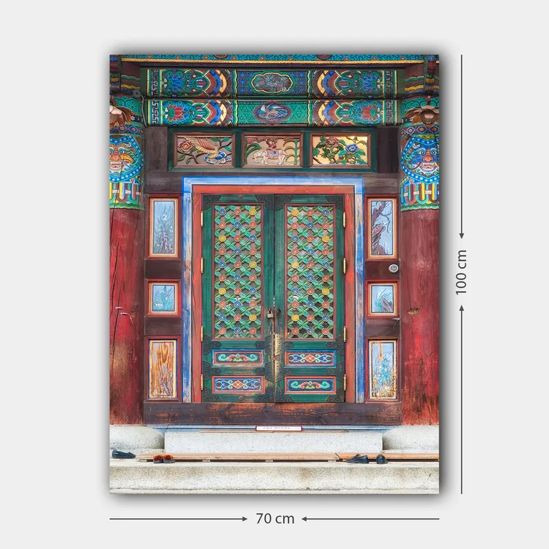 Canvas taulu 70x100 cm - Värikäs ja yksityiskohtainen ovi perinteisin kuvioin ja koristein - Vihreä / Punainen / Sininen - Sisustustuotteet - Taulu & taide - Canvas-taulu