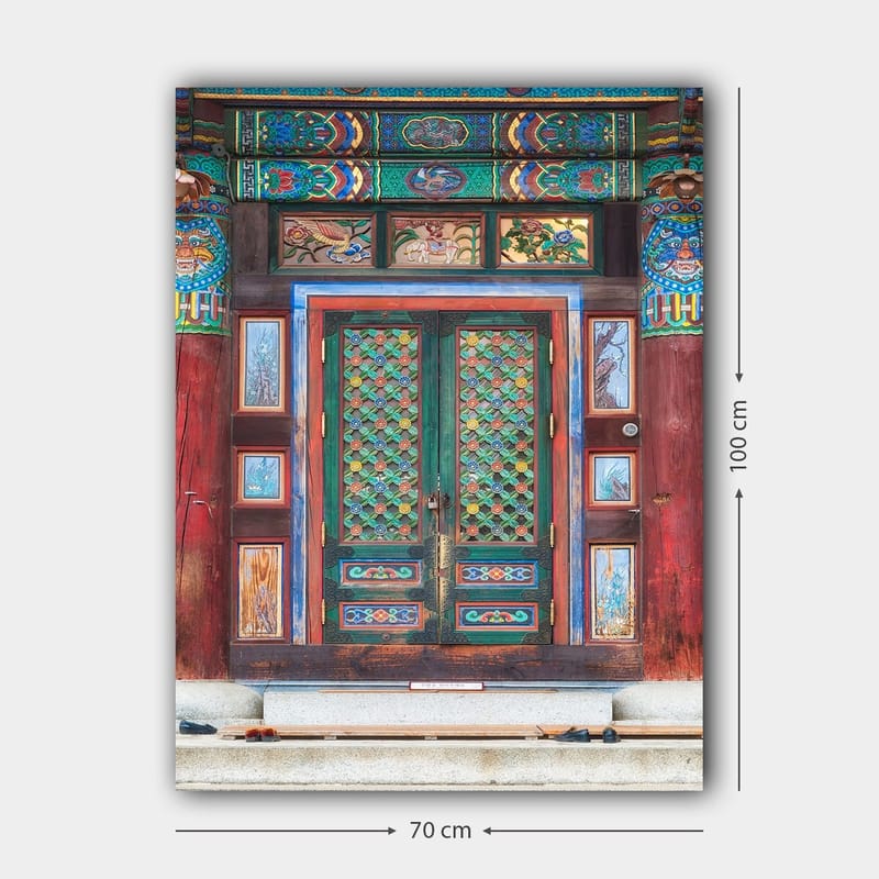 Canvas taulu 70x100 cm - Värikäs ja yksityiskohtainen ovi perinteisin kuvioin ja koristein - Vihreä / Punainen / Sininen - Sisustustuotteet - Taulu & taide - Canvas-taulu