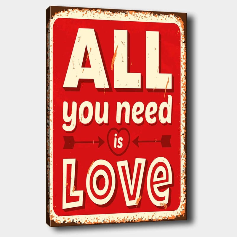 Canvas taulu 70x100 cm - Värikäs juliste tekstillä ALL you need is LOVE ilmaisee rakkautta ja positiivisuutta, Punainen / Valkoinen / Musta