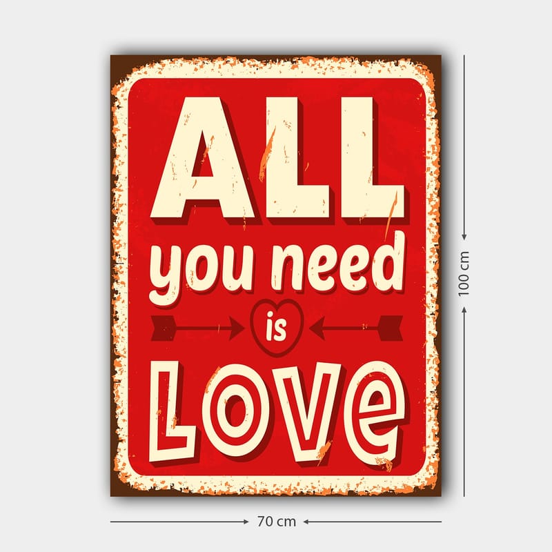 Canvas taulu 70x100 cm - Värikäs juliste tekstillä ALL you need is LOVE ilmaisee rakkautta ja positiivisuutta - Punainen / Valkoinen / Musta - Sisustustuotteet - Taulu & taide - Canvas-taulu