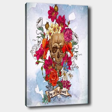 Canvas taulu 70x100 cm - Värikäs kallo kukkien ympäröimänä, symboloi Día de los Muertos -päivää - Punainen / Vaaleanpunainen / Keltainen - Sisustustuotteet - Taulu & taide - Canvas-taulu