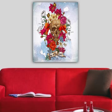 Canvas taulu 70x100 cm - Värikäs kallo kukkien ympäröimänä, symboloi Día de los Muertos -päivää - Punainen / Vaaleanpunainen / Keltainen - Sisustustuotteet - Taulu & taide - Canvas-taulu