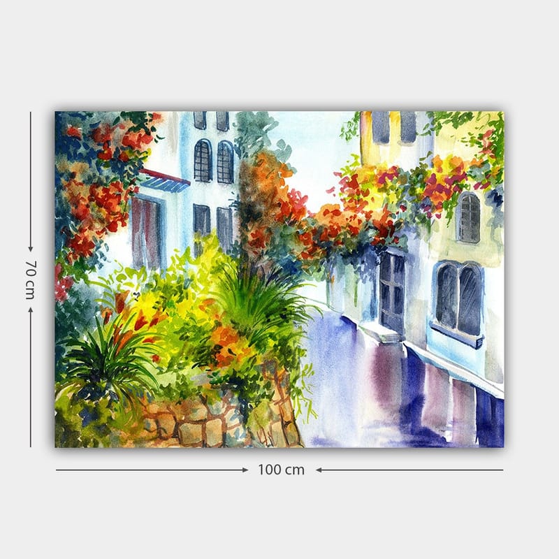 Canvas taulu 70x100 cm - Värikäs katu kukkien ja vehreyden keskellä Välimeren ympäristössä - Vihreä / Punainen / Sininen - Sisustustuotteet - Taulu & taide - Canvas-taulu