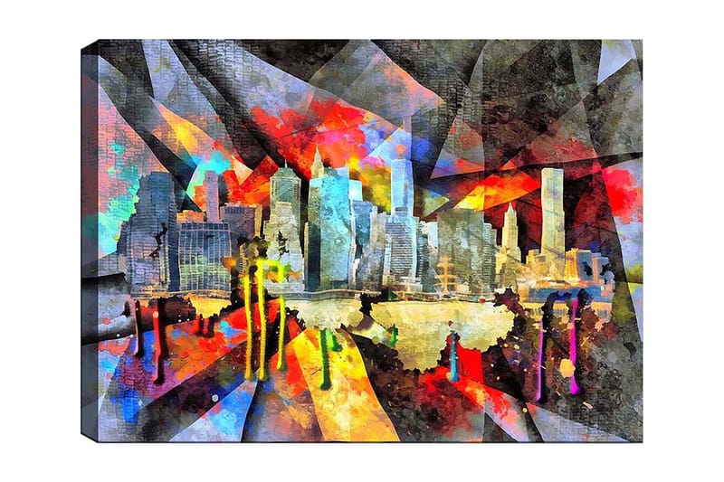 Canvas taulu 70x100 cm - Värikäs kaupunkikuva, joka kuvaa pilvenpiirtäjiä ja heijastuksia vedessä, Sininen / Punainen / Keltainen