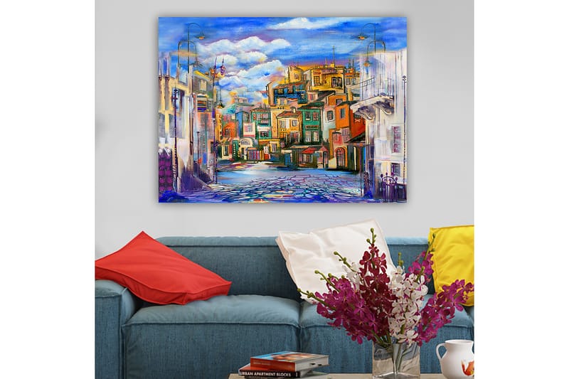 Canvas taulu 70x100 cm - Värikäs kaupunkikuva eri sävyisillä taloilla ja kirkkaalla taivaalla - Sininen / Vihreä / Oranssi - Sisustustuotteet - Taulu & taide - Canvas-taulu