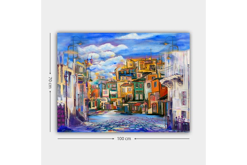 Canvas taulu 70x100 cm - Värikäs kaupunkikuva eri sävyisillä taloilla ja kirkkaalla taivaalla - Sininen / Vihreä / Oranssi - Sisustustuotteet - Taulu & taide - Canvas-taulu