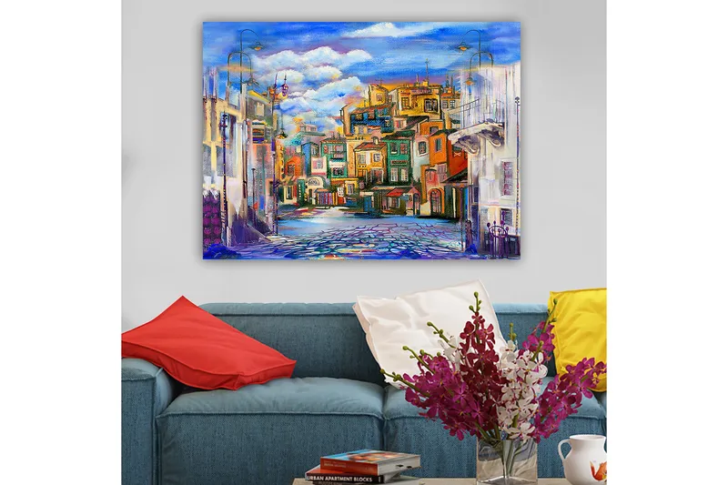 Canvas taulu 70x100 cm - Värikäs kaupunkikuva eri sävyisillä taloilla ja kirkkaalla taivaalla - Sininen / Vihreä / Oranssi - Sisustustuotteet - Taulu & taide - Canvas-taulu