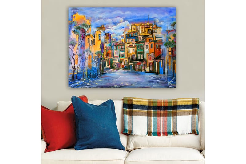 Canvas taulu 70x100 cm - Värikäs kaupunkikuva eri sävyisine taloineen, jotka luovat eloisan tunnelman - Keltainen / Vihreä / Sininen - Sisustustuotteet - Taulu & taide - Canvas-taulu