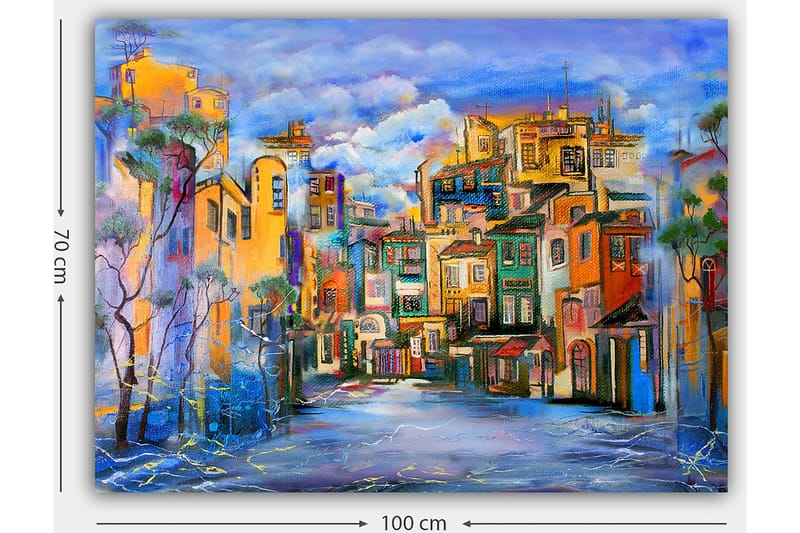 Canvas taulu 70x100 cm - Värikäs kaupunkikuva eri sävyisine taloineen, jotka luovat eloisan tunnelman - Keltainen / Vihreä / Sininen - Sisustustuotteet - Taulu & taide - Canvas-taulu