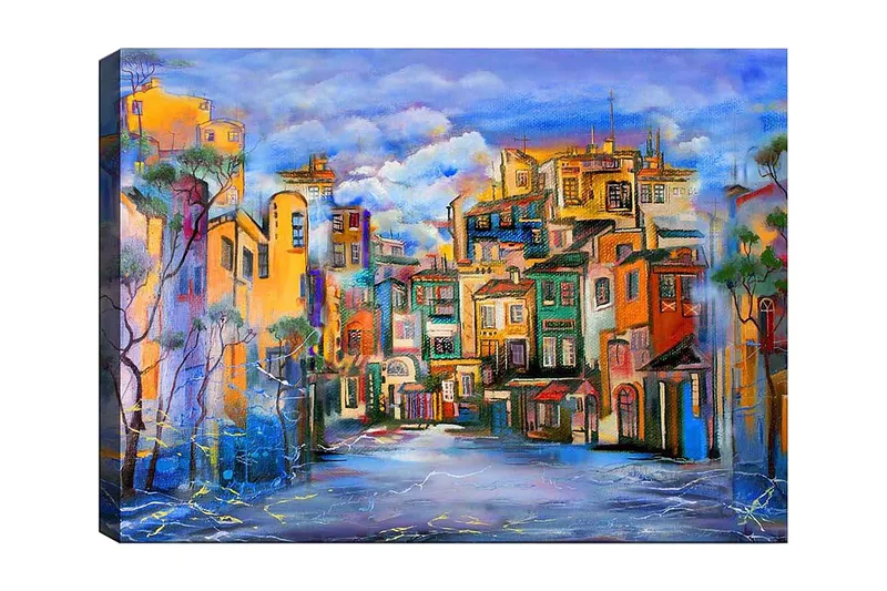 Canvas taulu 70x100 cm - Värikäs kaupunkikuva eri sävyisine taloineen, jotka luovat eloisan tunnelman, Keltainen / Vihreä / Sininen