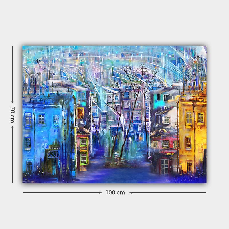 Canvas taulu 70x100 cm - Värikäs kaupunkikuva eri sävyisine taloineen ja puineen sateisen taivaan alla - Sininen / Keltainen / Violetti - Sisustustuotteet - Taulu & taide - Canvas-taulu