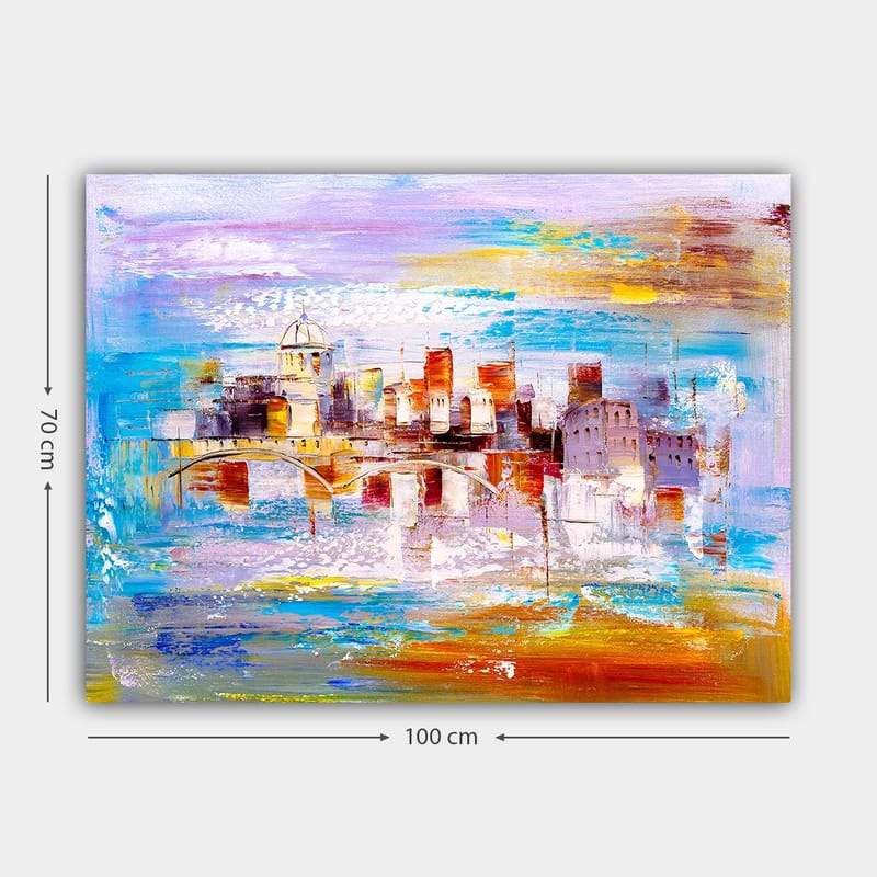 Canvas taulu 70x100 cm - Värikäs kaupunkikuva ja vesistön ylittävä silta - Sininen / Oranssi / Violetti - Sisustustuotteet - Taulu & taide - Canvas-taulu