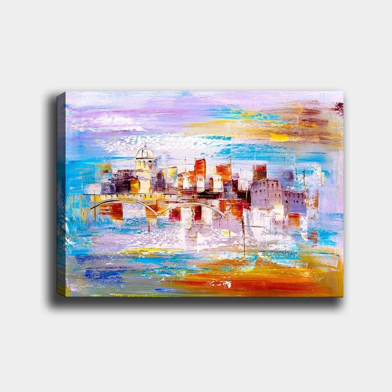 Canvas taulu 70x100 cm - Värikäs kaupunkikuva ja vesistön ylittävä silta, Sininen / Oranssi / Violetti