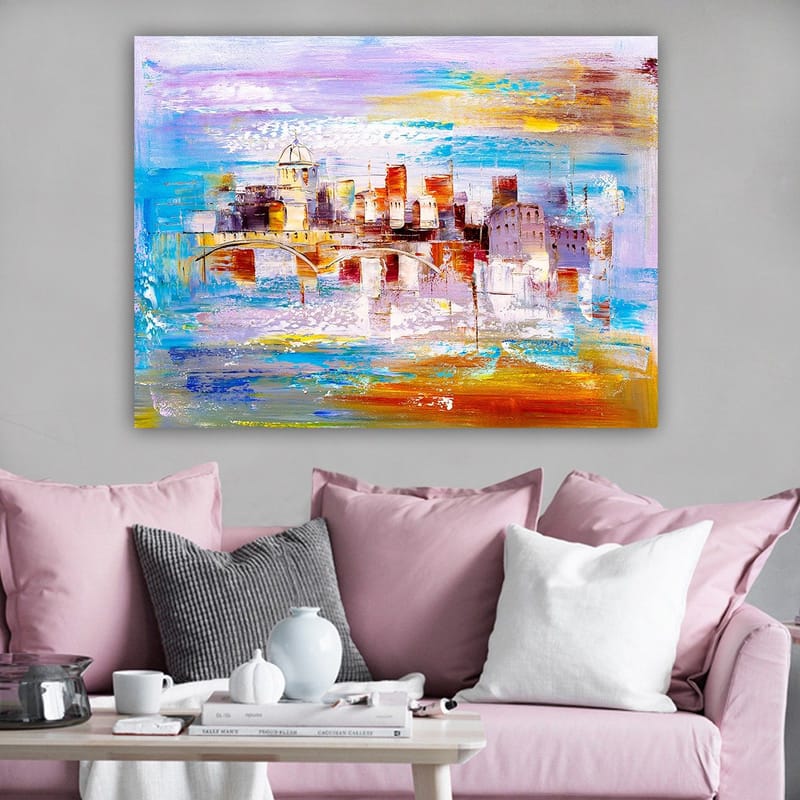 Canvas taulu 70x100 cm - Värikäs kaupunkikuva ja vesistön ylittävä silta - Sininen / Oranssi / Violetti - Sisustustuotteet - Taulu & taide - Canvas-taulu