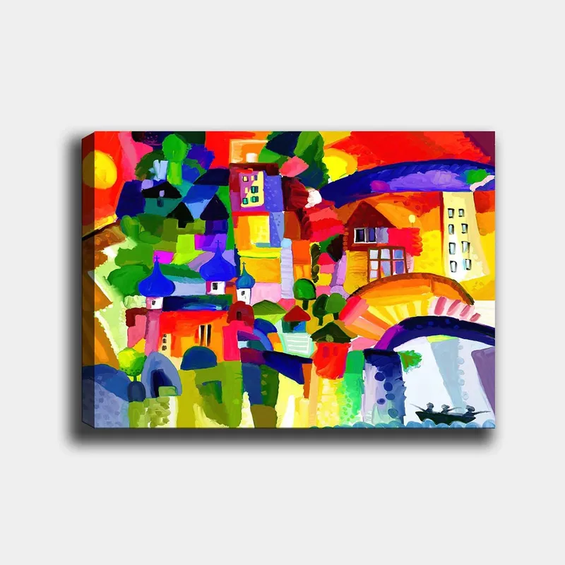 Canvas taulu 70x100 cm - Värikäs kaupunkinäkymä torneineen ja rakennuksineen aurinkoisen taivaan alla, Punainen / Vihreä / Sininen