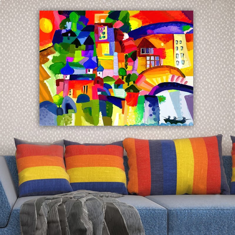 Canvas taulu 70x100 cm - Värikäs kaupunkinäkymä torneineen ja rakennuksineen aurinkoisen taivaan alla - Punainen / Vihreä / Sininen - Sisustustuotteet - Taulu & taide - Canvas-taulu