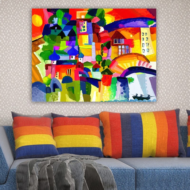 Canvas taulu 70x100 cm - Värikäs kaupunkinäkymä torneineen ja rakennuksineen aurinkoisen taivaan alla - Punainen / Vihreä / Sininen - Sisustustuotteet - Taulu & taide - Canvas-taulu