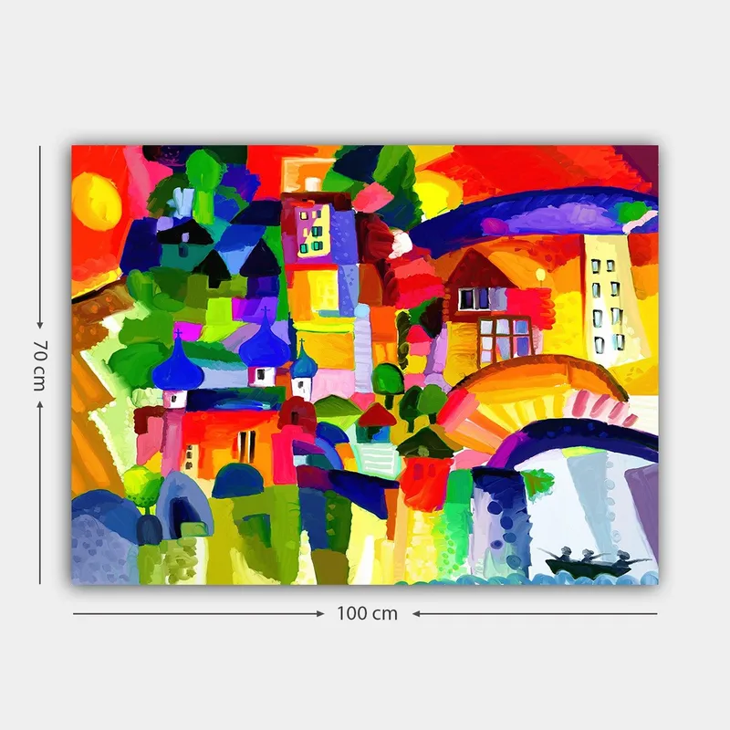 Canvas taulu 70x100 cm - Värikäs kaupunkinäkymä torneineen ja rakennuksineen aurinkoisen taivaan alla - Punainen / Vihreä / Sininen - Sisustustuotteet - Taulu & taide - Canvas-taulu