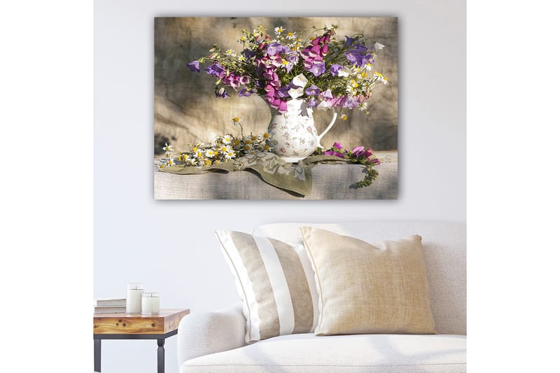 Canvas taulu 70x100 cm - Värikäs kimppu eri sävyisillä kukilla, Beige / Violetti / Ruskea